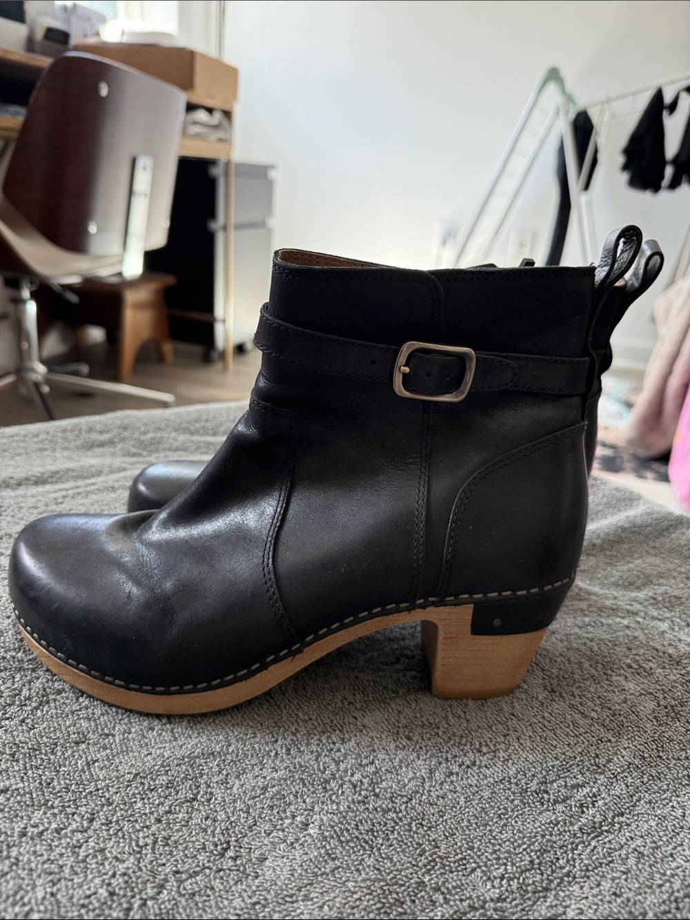 Dansko Black Leather Ankle Clog Booties with Buckle